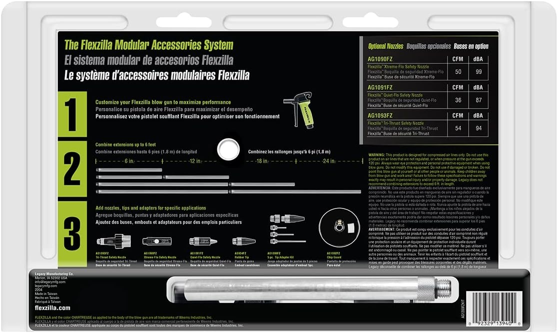 imageFlexzilla AG1200FZKIT Ergonomic 6 Piece Green X3 Blow Gun Kit Regulates Air Volume Ergonomically Superior Gun Body Easy Storage