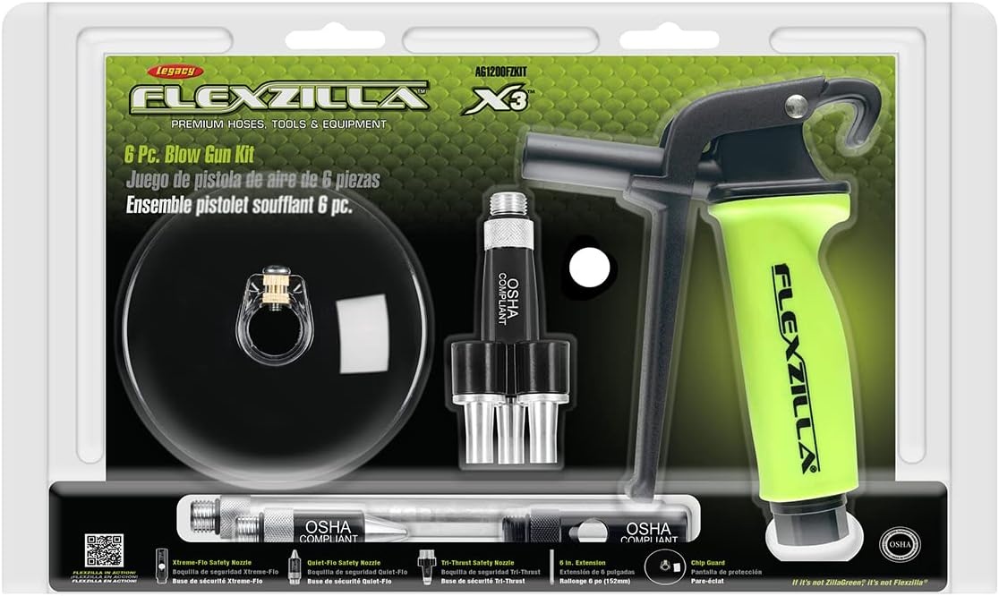 imageFlexzilla AG1200FZKIT Ergonomic 6 Piece Green X3 Blow Gun Kit Regulates Air Volume Ergonomically Superior Gun Body Easy Storage