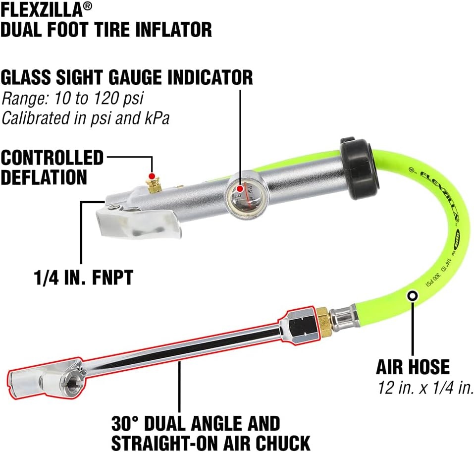 imageFlexzilla Inflator Kit with 3 ft and 15 ft Quick Connect Hose LockOn Chuck 0170 PSI AL2025FZ2Dual Foot Tire Inflator