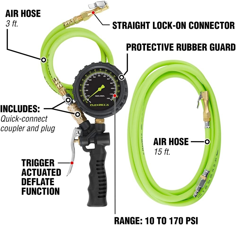 imageFlexzilla Inflator Kit with 3 ft and 15 ft Quick Connect Hose LockOn Chuck 0170 PSI AL2025FZ2Tire Inflator Kit