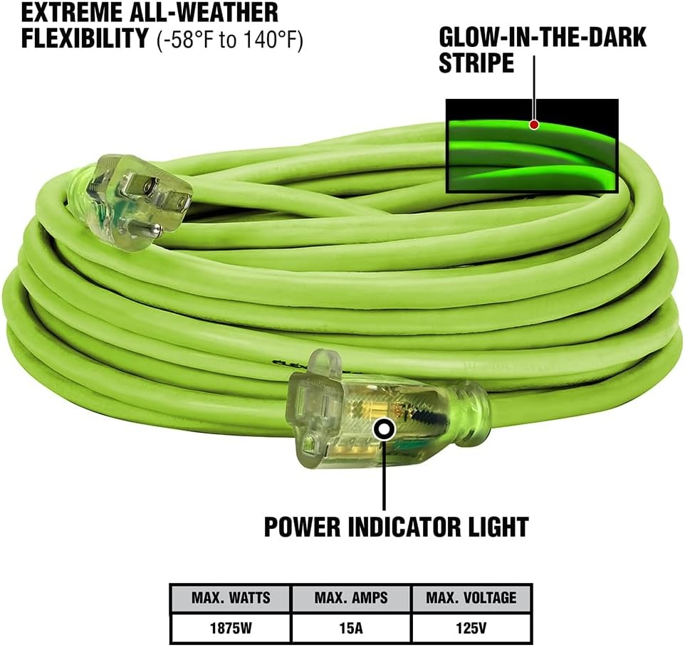 imageFlexzilla Pro Extension Cord 123 AWG SJTW 25 ft Lighted Plug IndoorOutdoor ZillaGreen FZ51282514 Gauge
