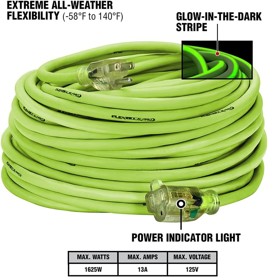 imageFlexzilla Pro Extension Cord 123 AWG SJTW 25 ft Lighted Plug IndoorOutdoor ZillaGreen FZ51282514 Gauge