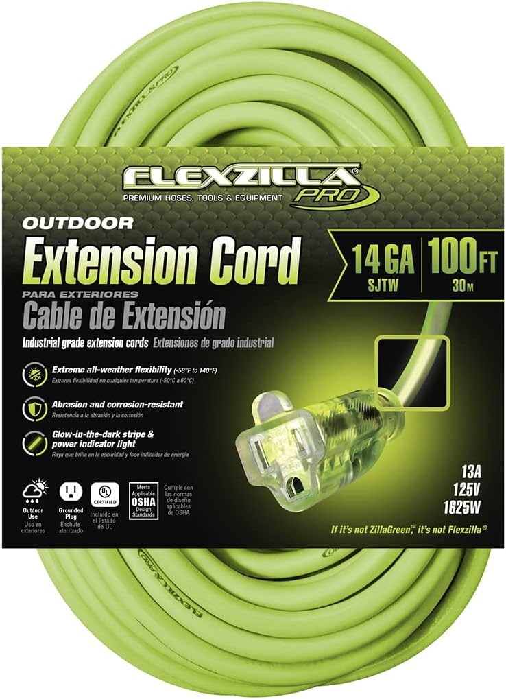 imageFlexzilla Pro Extension Cord 123 AWG SJTW 25 ft Lighted Plug IndoorOutdoor ZillaGreen FZ51282514 Gauge