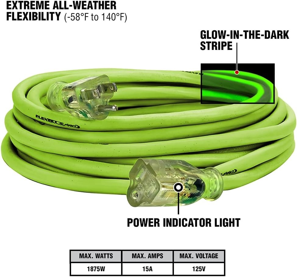 imageFlexzilla Pro Extension Cord 123 AWG SJTW 25 ft Lighted Plug IndoorOutdoor ZillaGreen FZ51282514 Gauge