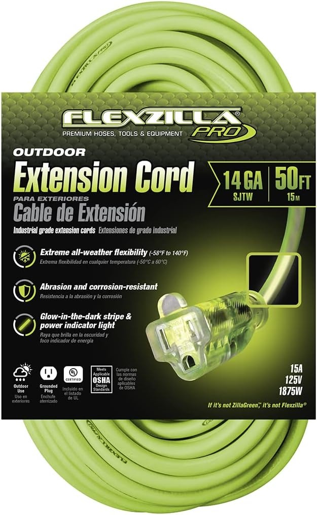 imageFlexzilla Pro Extension Cord 123 AWG SJTW 25 ft Lighted Plug IndoorOutdoor ZillaGreen FZ51282514 Gauge
