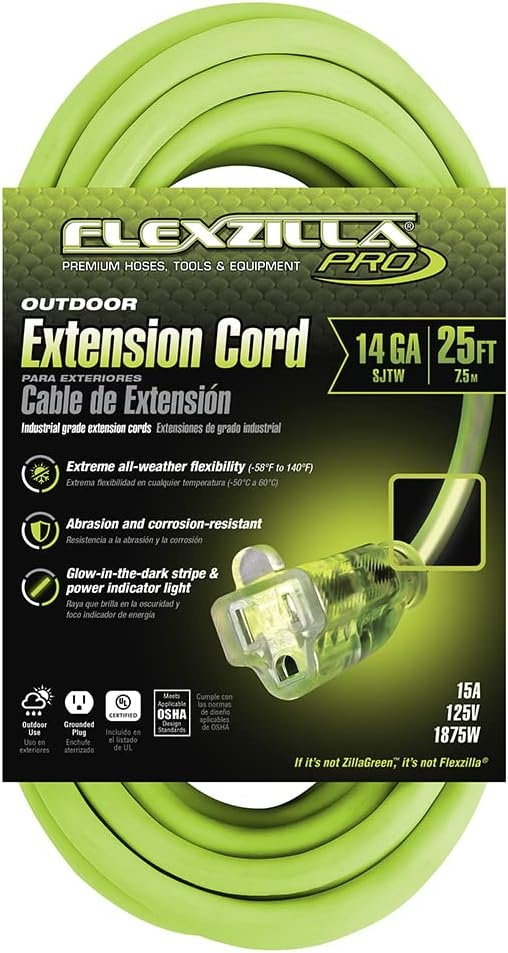 imageFlexzilla Pro Extension Cord 123 AWG SJTW 25 ft Lighted Plug IndoorOutdoor ZillaGreen FZ51282514 Gauge