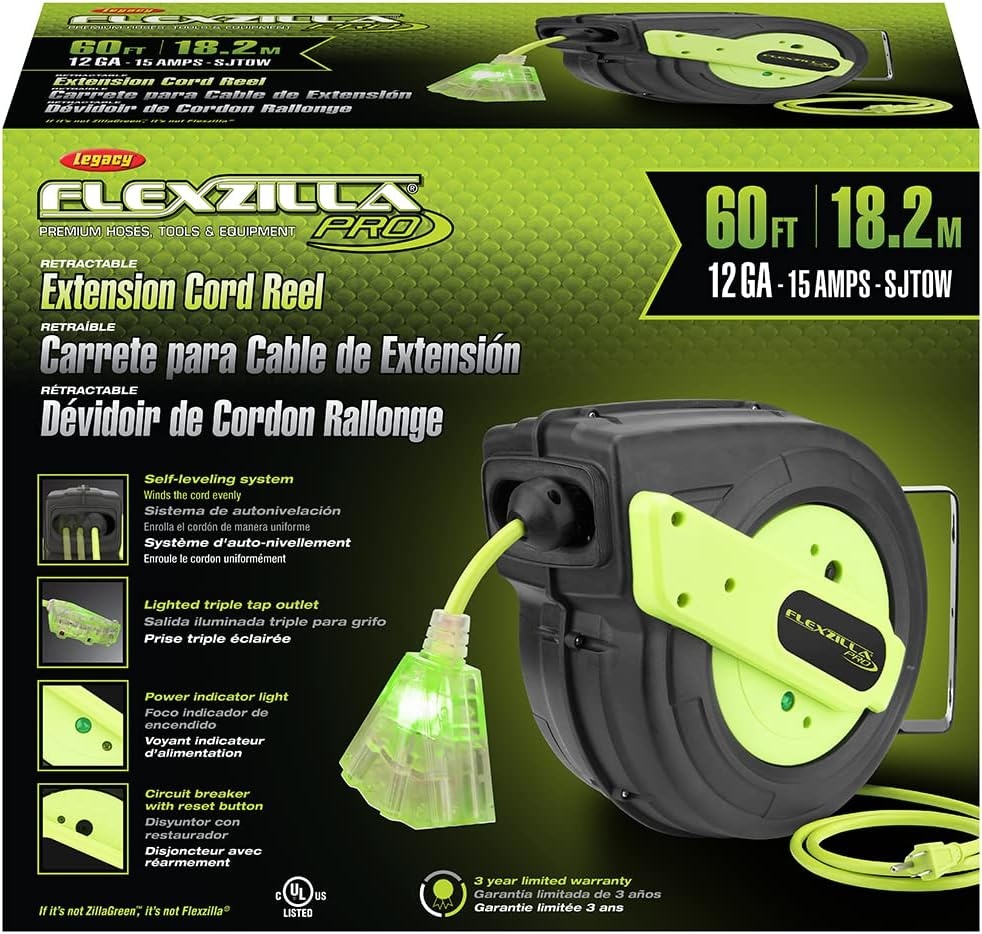 imageFlexzilla Retractable Extension 163 AWG 25 Electric Cord Reel ZillaGreen FZ816025360ft 12 Gauge