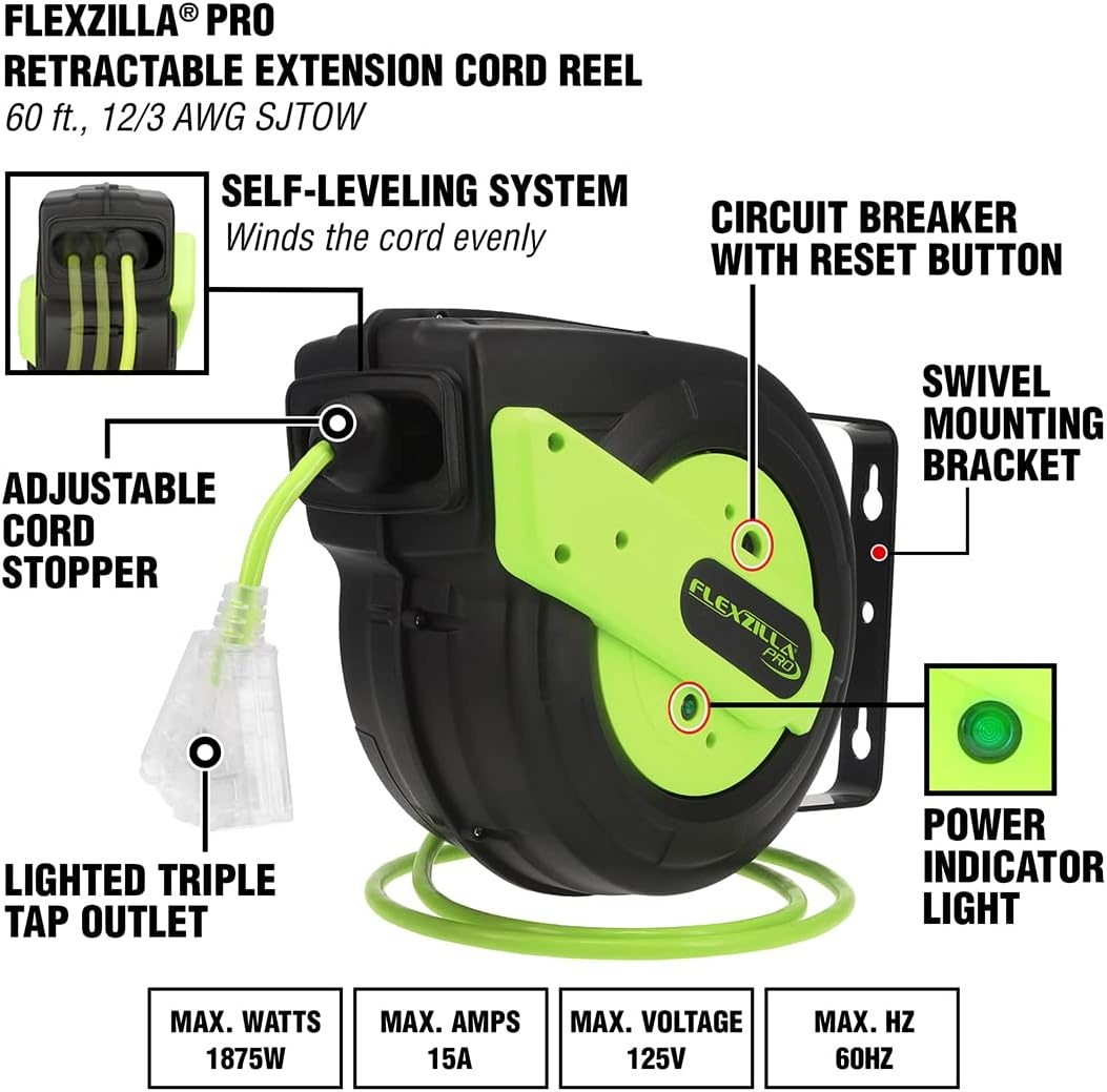 imageFlexzilla Retractable Extension 163 AWG 25 Electric Cord Reel ZillaGreen FZ816025360ft 12 Gauge
