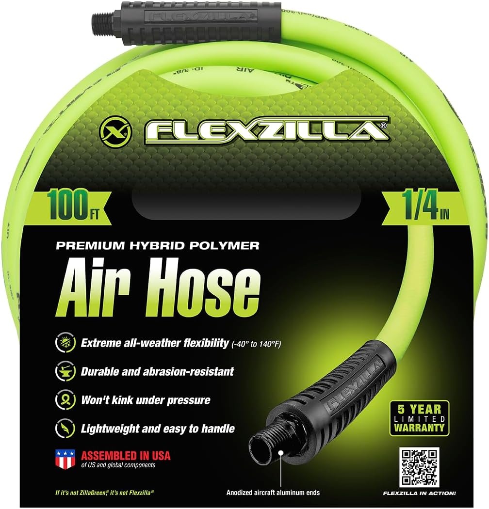 imageFlexzilla Air Hose 38 in x 50 ft 14 in MNPT Fittings Heavy Duty Lightweight Hybrid ZillaGreen HFZ3850YW214