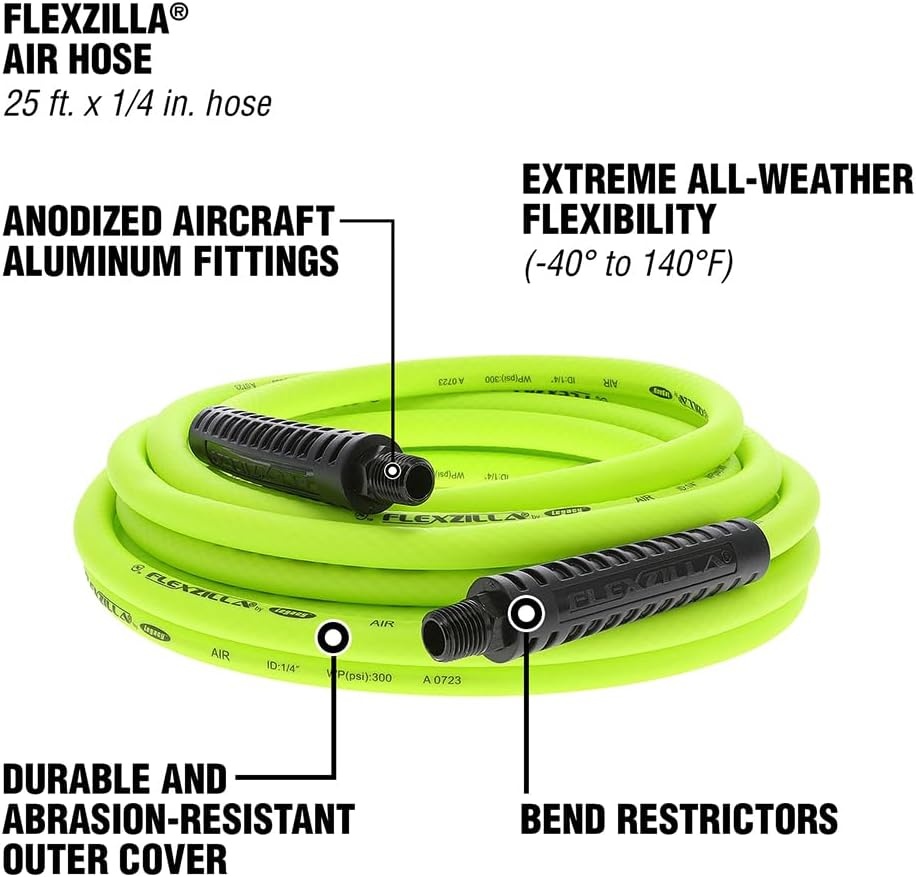 imageFlexzilla Air Hose 38 in x 50 ft 14 in MNPT Fittings Heavy Duty Lightweight Hybrid ZillaGreen HFZ3850YW214