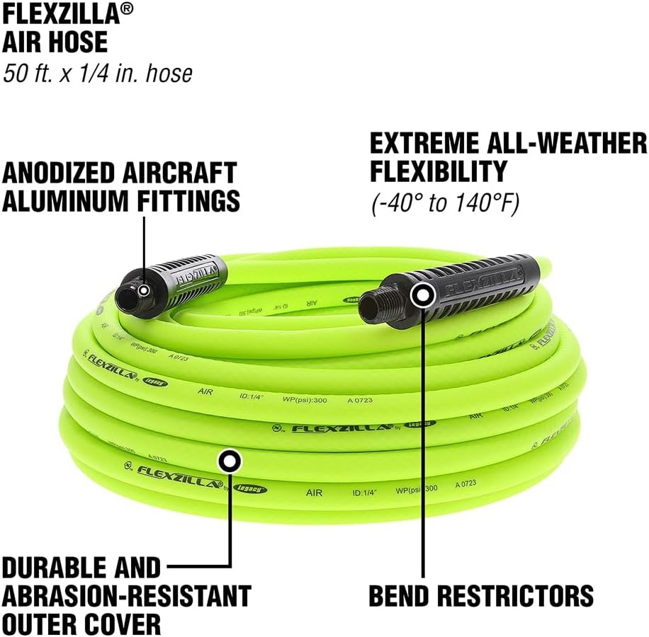imageFlexzilla Air Hose 38 in x 50 ft 14 in MNPT Fittings Heavy Duty Lightweight Hybrid ZillaGreen HFZ3850YW214