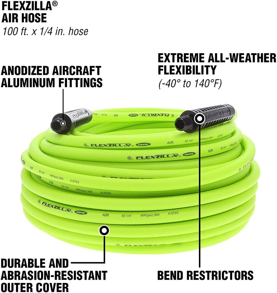 imageFlexzilla Air Hose 38 in x 50 ft 14 in MNPT Fittings Heavy Duty Lightweight Hybrid ZillaGreen HFZ3850YW214