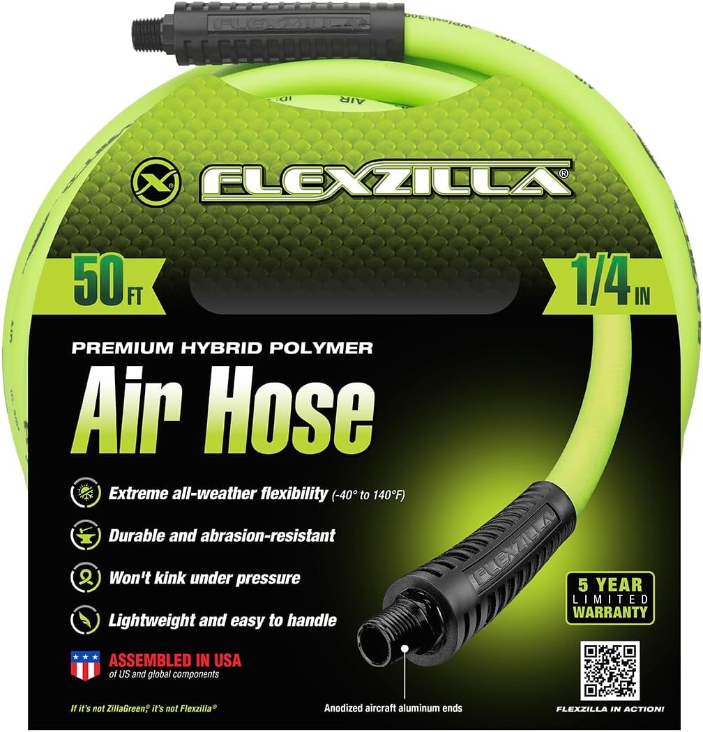 imageFlexzilla Air Hose 38 in x 50 ft 14 in MNPT Fittings Heavy Duty Lightweight Hybrid ZillaGreen HFZ3850YW214