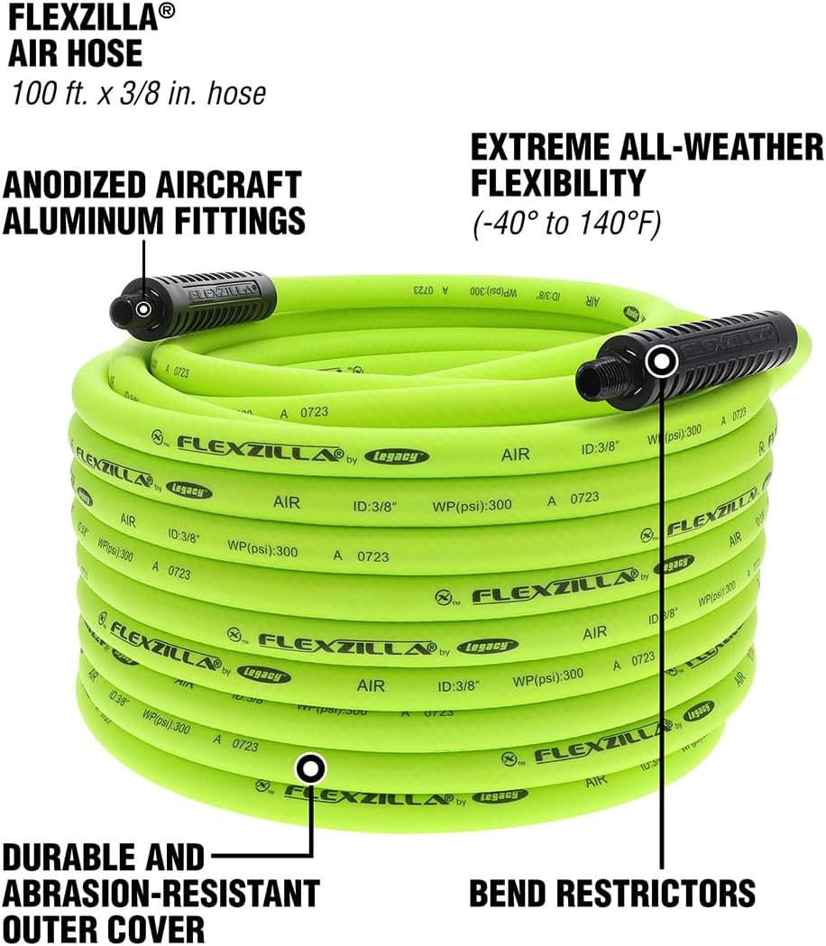 imageFlexzilla Air Hose 38 in x 50 ft 14 in MNPT Fittings Heavy Duty Lightweight Hybrid ZillaGreen HFZ3850YW238