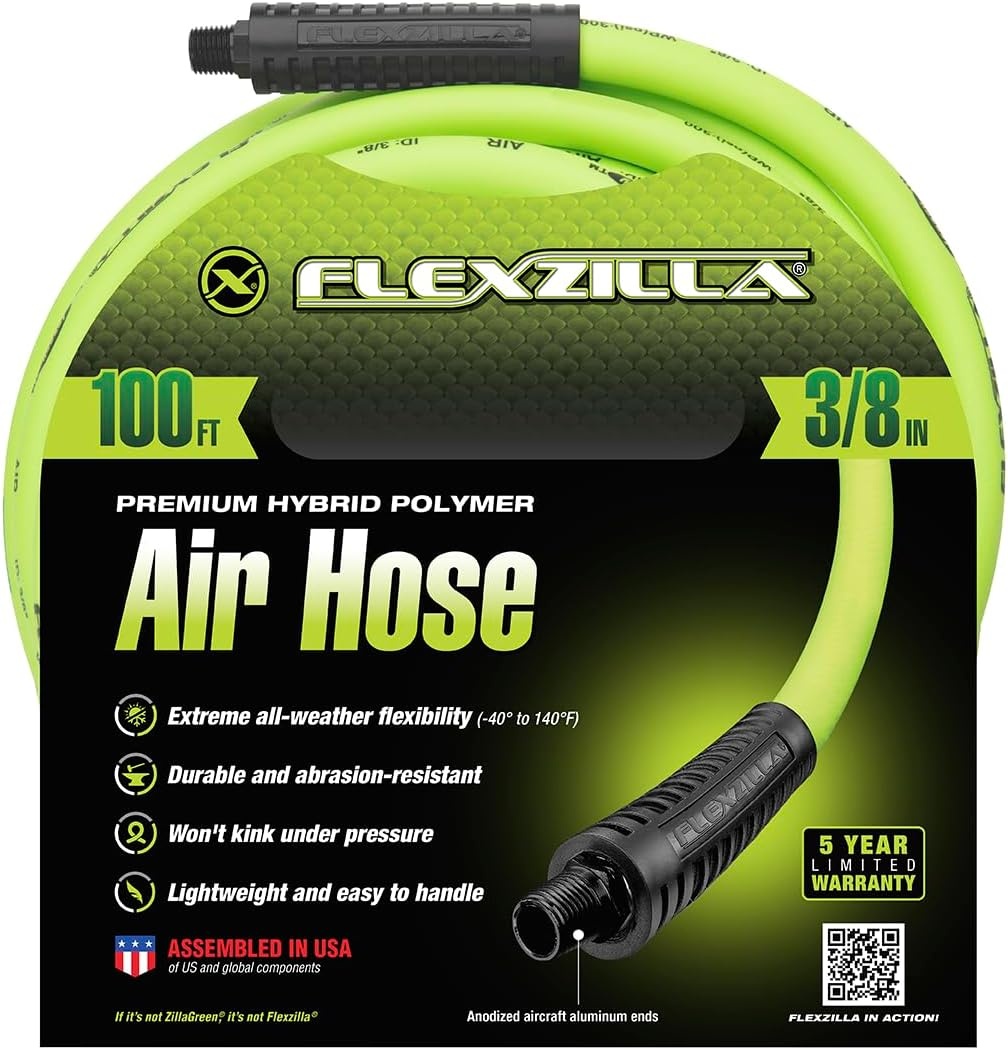 imageFlexzilla Air Hose 38 in x 50 ft 14 in MNPT Fittings Heavy Duty Lightweight Hybrid ZillaGreen HFZ3850YW238