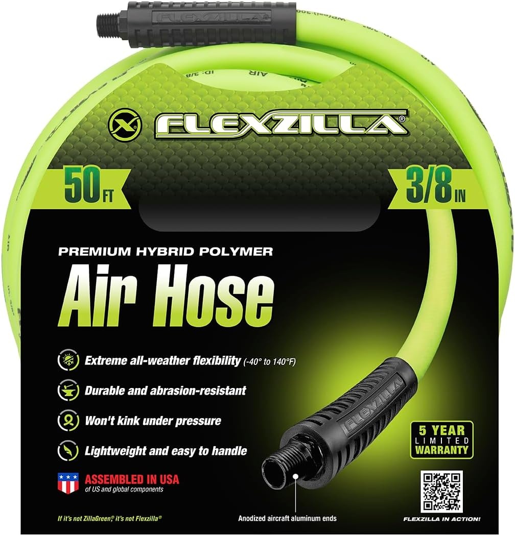 imageFlexzilla Air Hose 38 in x 50 ft 14 in MNPT Fittings Heavy Duty Lightweight Hybrid ZillaGreen HFZ3850YW238