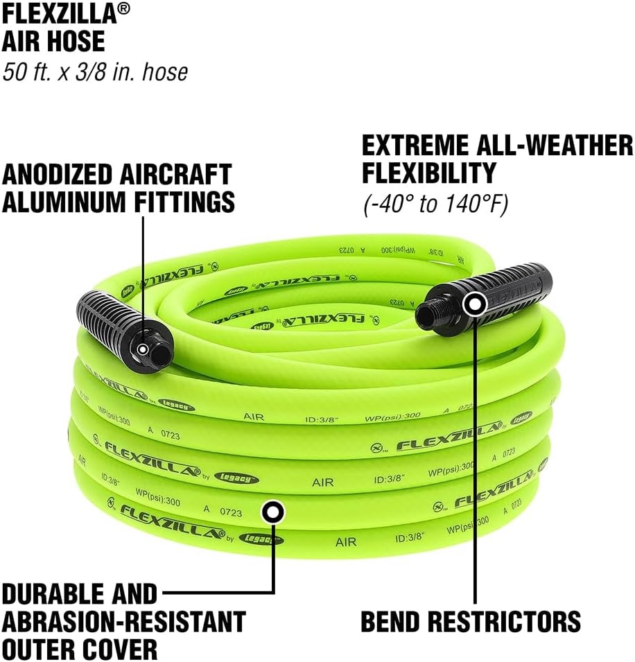 imageFlexzilla Air Hose 38 in x 50 ft 14 in MNPT Fittings Heavy Duty Lightweight Hybrid ZillaGreen HFZ3850YW238