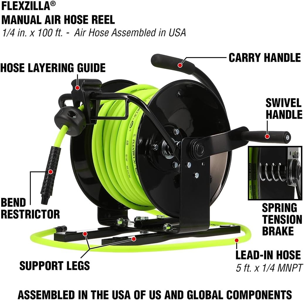 imageFlexzilla Manual Open Face Air Hose Reel 14 in x 100 ft Heavy Duty Lightweight Hybrid ZillaGreen L8654FZ