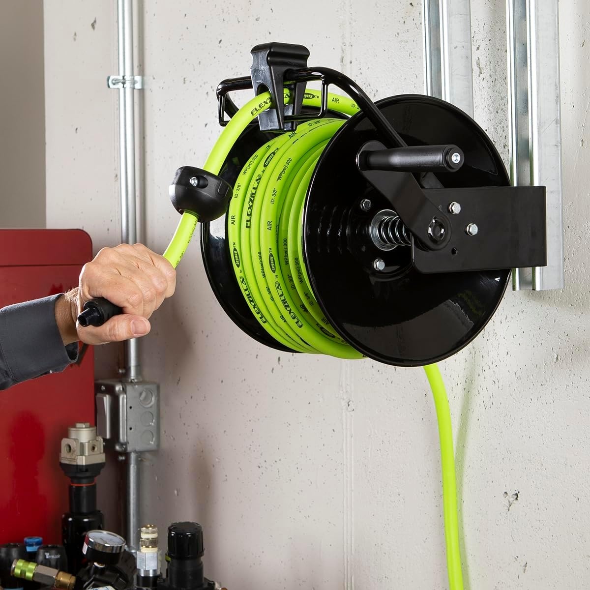 imageFlexzilla Manual Open Face Air Hose Reel 14 in x 100 ft Heavy Duty Lightweight Hybrid ZillaGreen L8654FZ