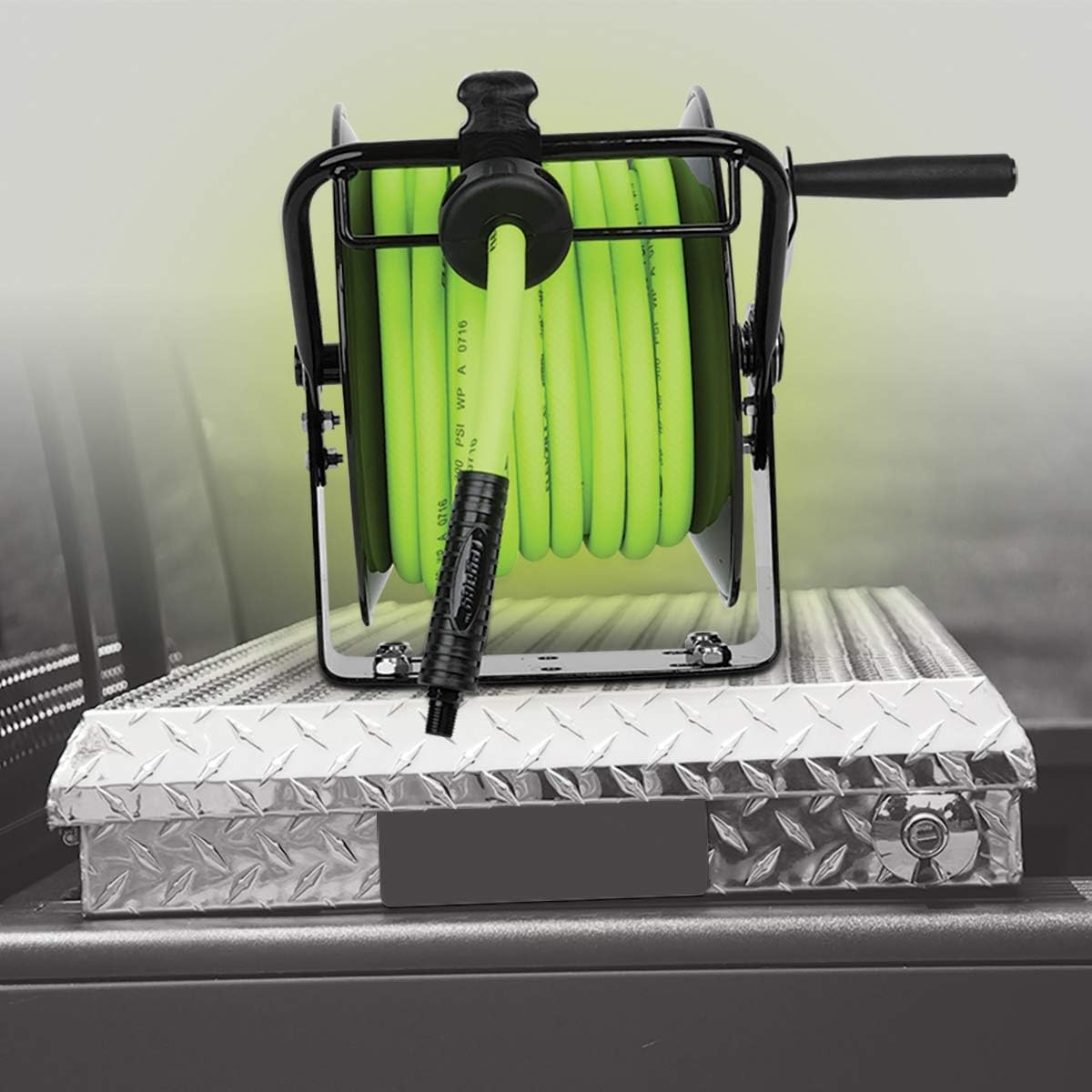 imageFlexzilla Portable Manual Open Face Air Hose Reel 38 in x 50 ft Heavy Duty Lightweight Hybrid ZillaGreen L8651FZ