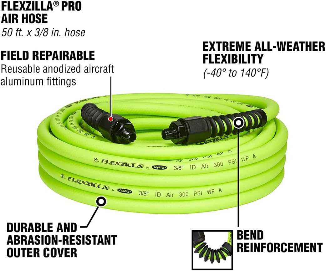 imageFlexzilla Pro Air Hose 38 in x 50 ft Heavy Duty Lightweight Hybrid ZillaGreen HFZP3850YW238 inches x 50 feet