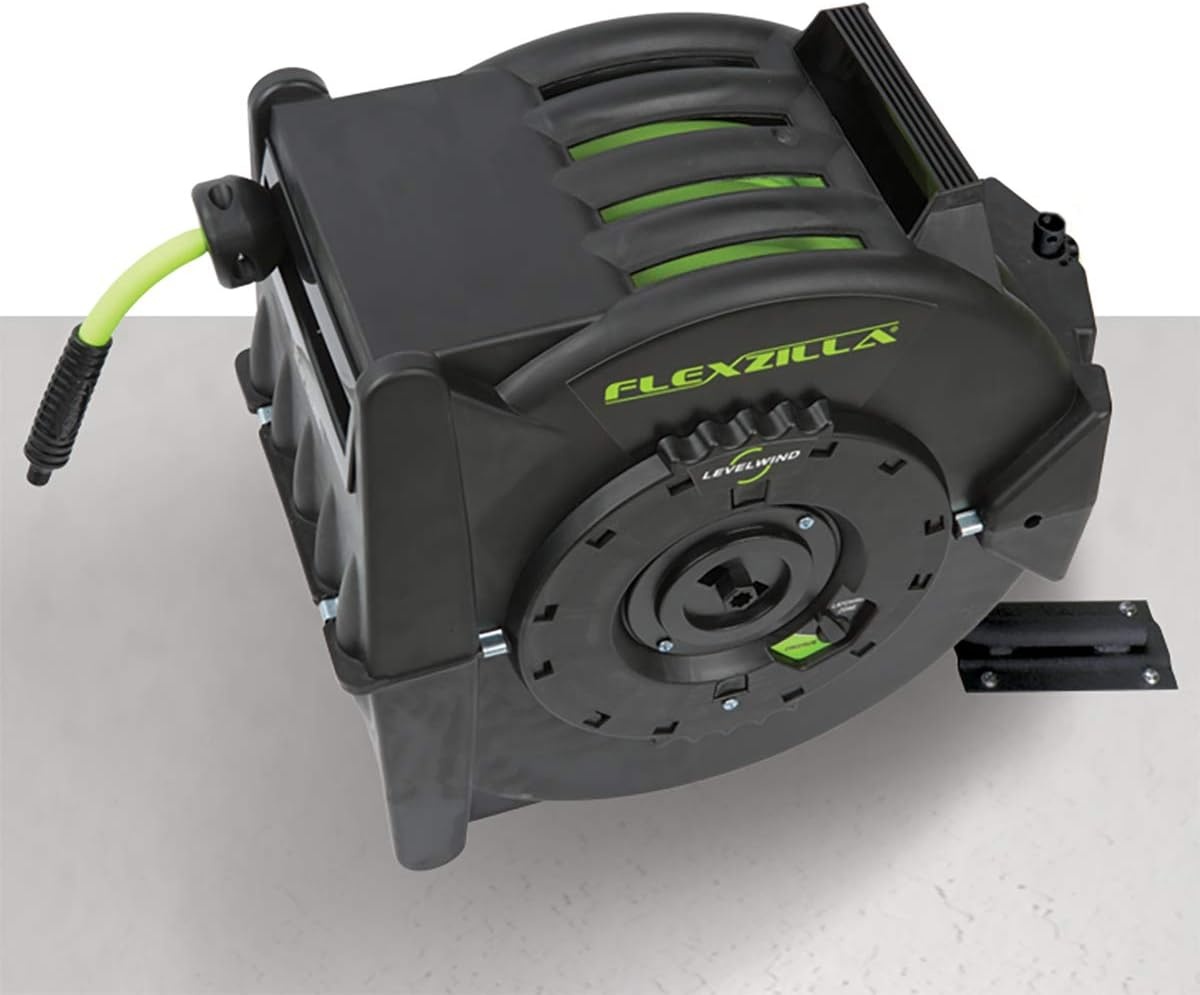 imageFlexzilla Pro Levelwind Retractable Air Hose Reel 12 in x 50 ft Heavy Duty Lightweight Hybrid ZillaGreen L8335FZ38 inches x 75 feet