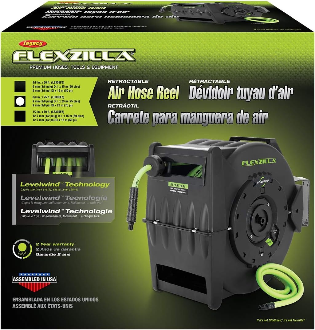imageFlexzilla Pro Levelwind Retractable Air Hose Reel 12 in x 50 ft Heavy Duty Lightweight Hybrid ZillaGreen L8335FZ38 inches x 75 feet