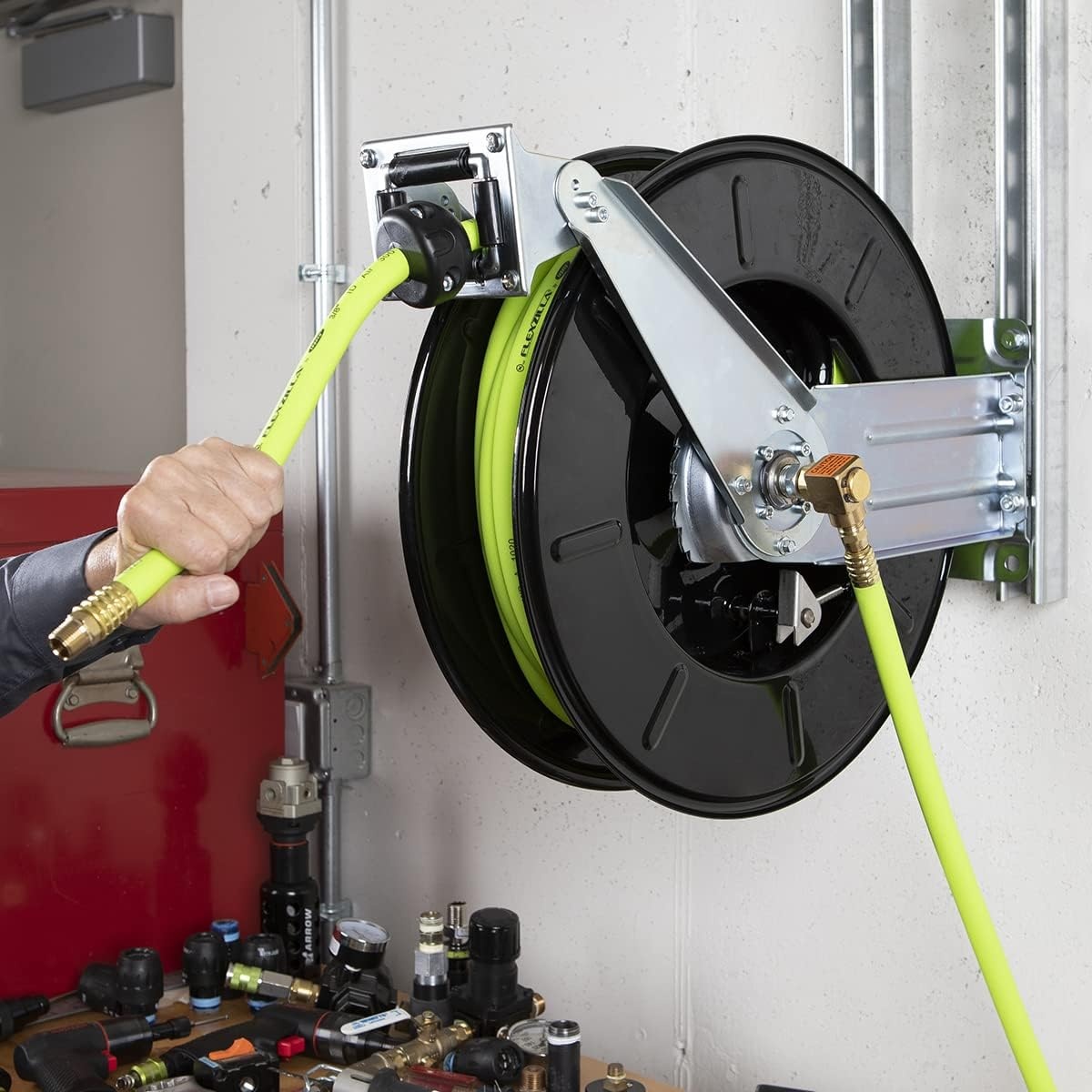 imageFlexzilla Pro Retractable Open Face Dual Arm Air Hose Reel 38 in x 50 ft Heavy Duty Lightweight Hybrid ZillaGreen L8711FZ38 inches x 50 feet