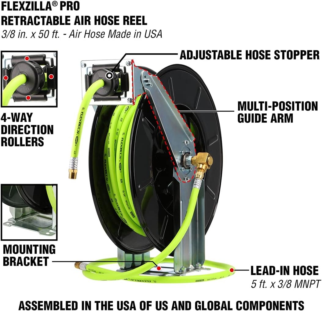 imageFlexzilla Pro Retractable Open Face Dual Arm Air Hose Reel 38 in x 50 ft Heavy Duty Lightweight Hybrid ZillaGreen L8711FZ38 inches x 50 feet