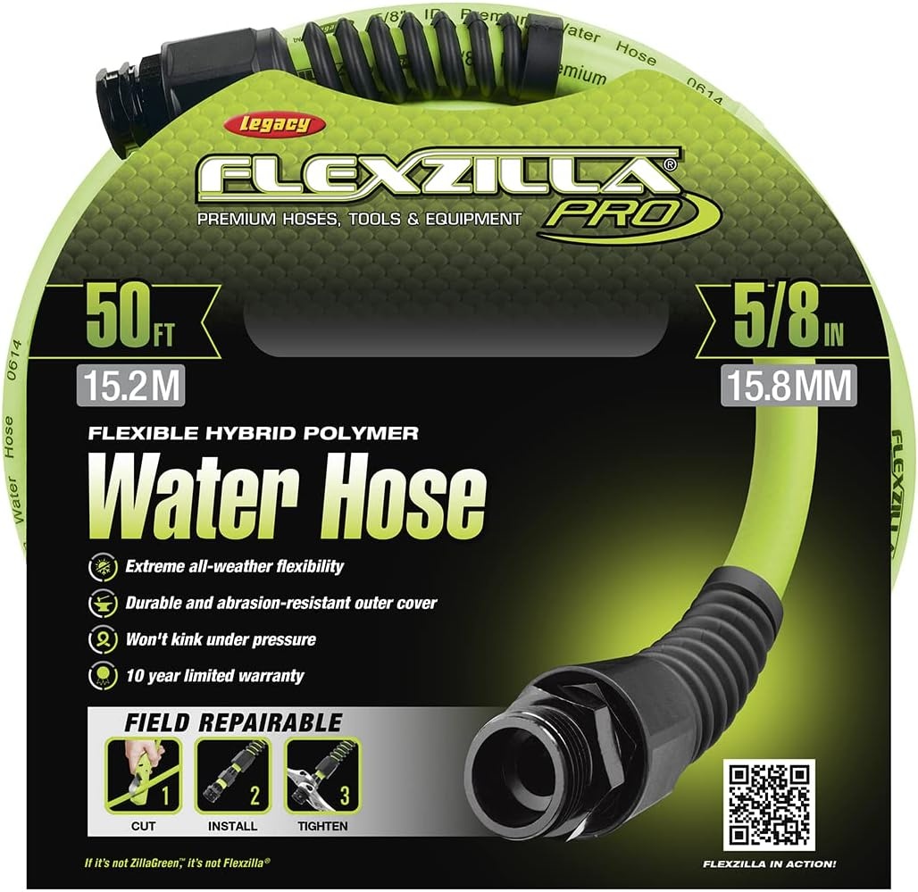 imageFlexzilla Pro Water Hose with Reusable Fittings 58 in x 50 ft Heavy Duty Lightweight ZillaGreen HFZWP550E58 inches x 50 feet