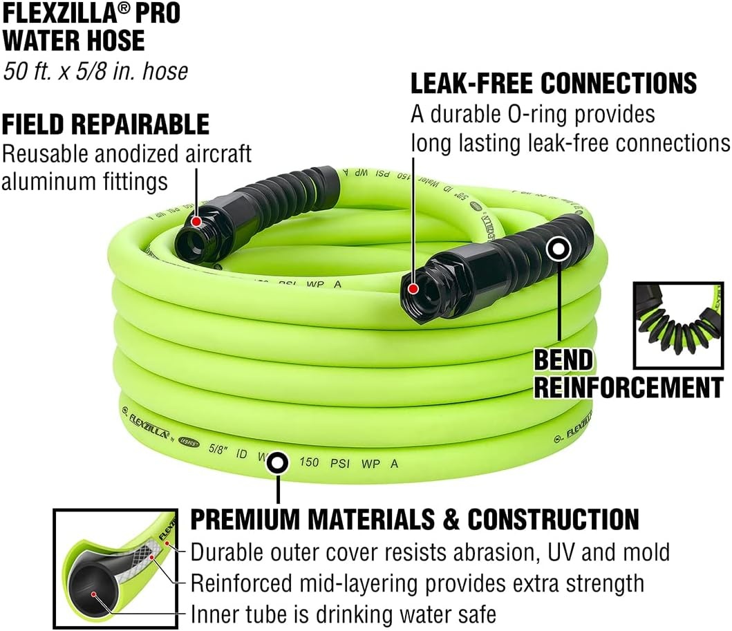 imageFlexzilla Pro Water Hose with Reusable Fittings 58 in x 50 ft Heavy Duty Lightweight ZillaGreen HFZWP550E58 inches x 50 feet