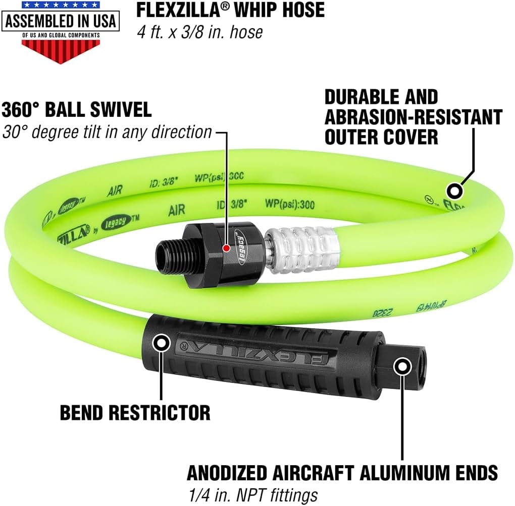 imageFlexzilla Swivel Whip Air Hose 38 in x 4 ft 14 MNPT Ball Swivel x 14 FNPT Ends Heavy Duty Lightweight Hybrid ZillaGreen HFZ3804YW2B1104 Ounce Pack of 1