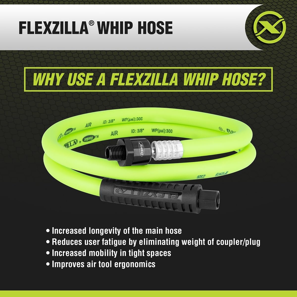 imageFlexzilla Swivel Whip Air Hose 38 in x 4 ft 14 MNPT Ball Swivel x 14 FNPT Ends Heavy Duty Lightweight Hybrid ZillaGreen HFZ3804YW2B1104 Ounce Pack of 1
